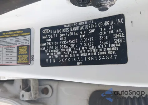 2011 Kia Sorento Lx from USA, damaged, VIN 5XYKTCA11BG164847